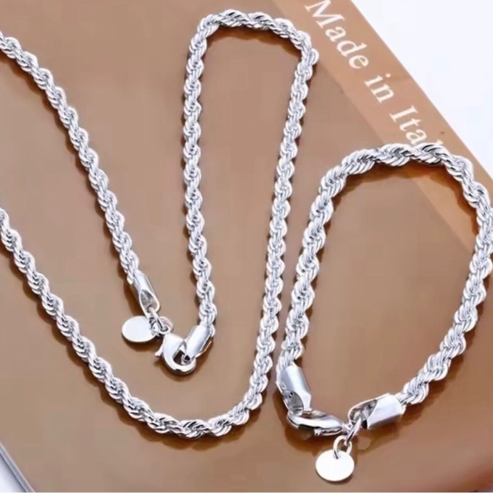 Sterling Silver Rope Chain Necklace and Bracelet Set - Silver